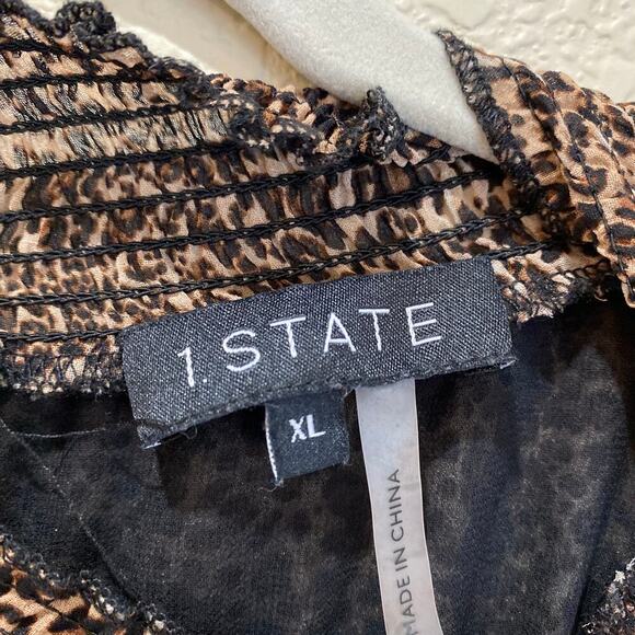 1.STATE Smocked-Neck Leopard-Print Blouse Size XL Puff Sheer Sleeve Chic - Picture 7 of 8